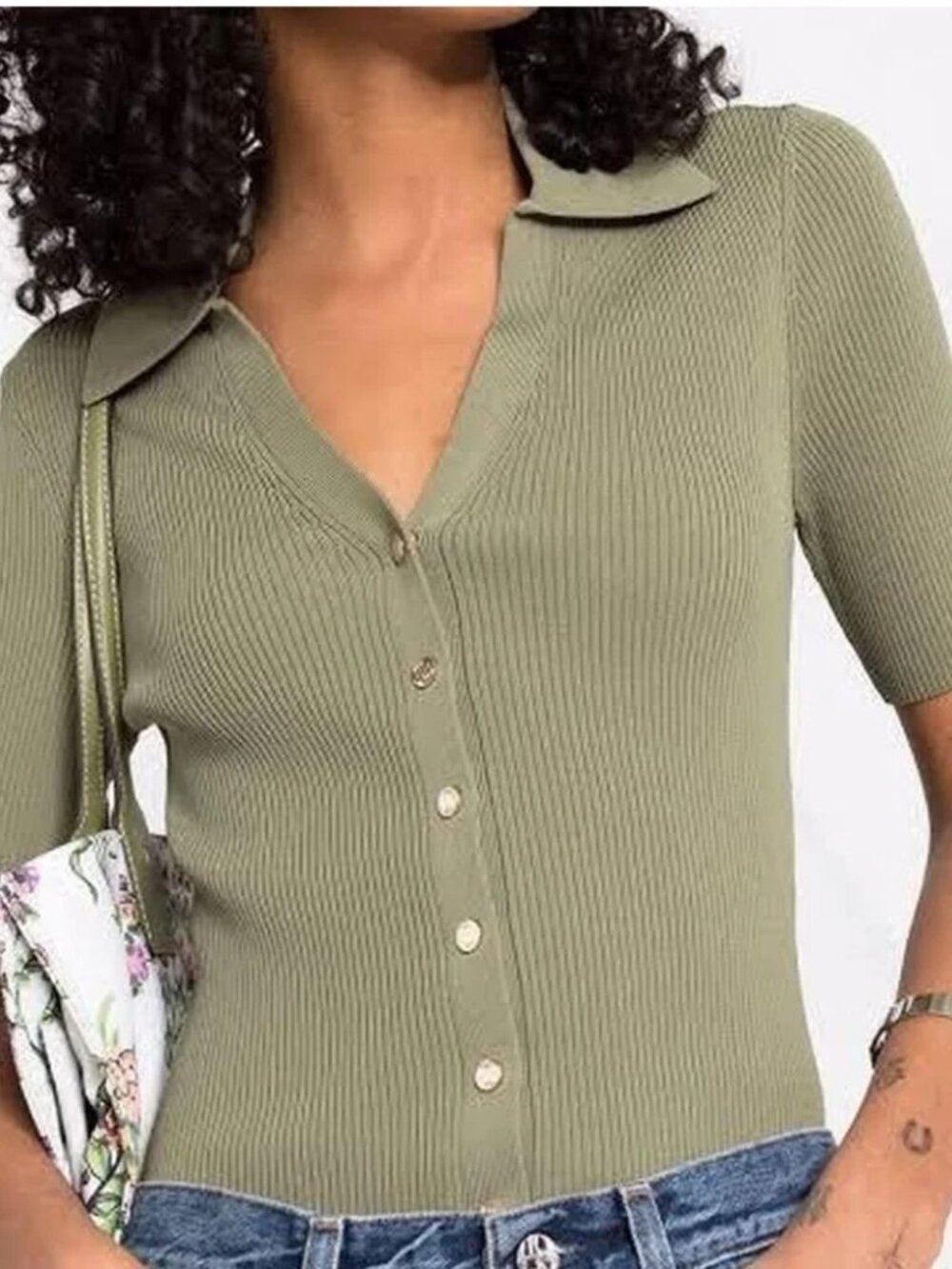 MAJE khaki green button up stretchy top with collar